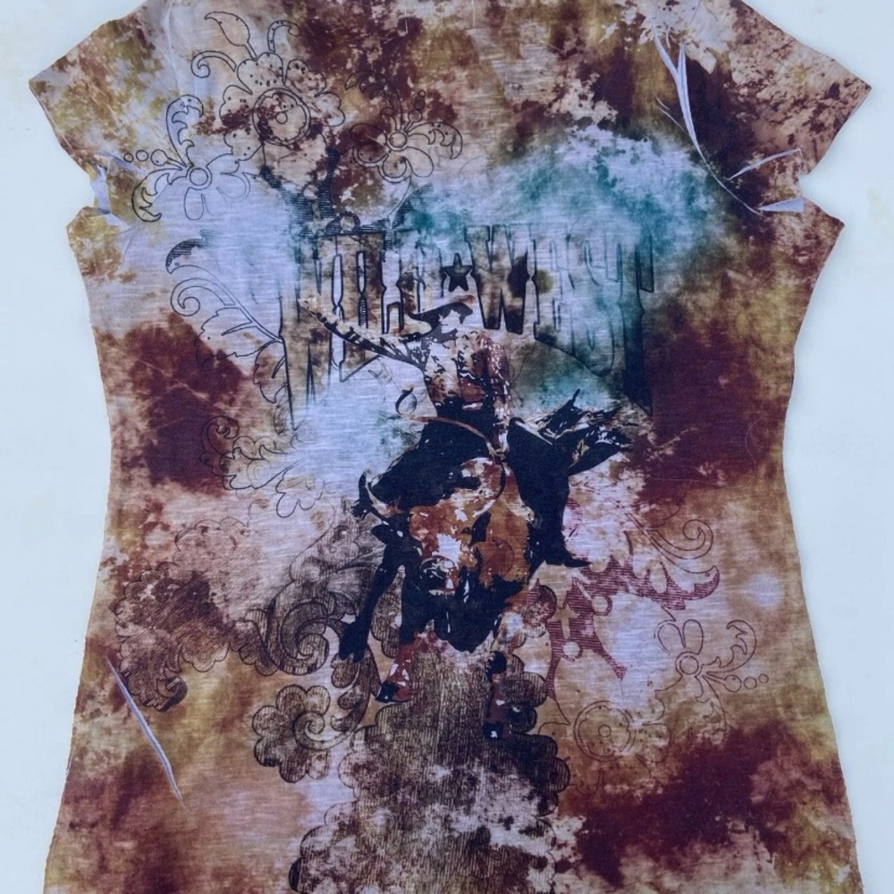 Live and Let Live Wild West Bull Riding V-Neck Rhinestones Rodeo Country Sz S